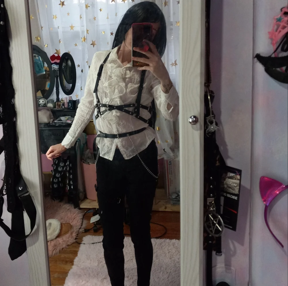 Black vegan leather dbl thigh garter harness w/chain & belt! Bondage - Picture 9 of 16